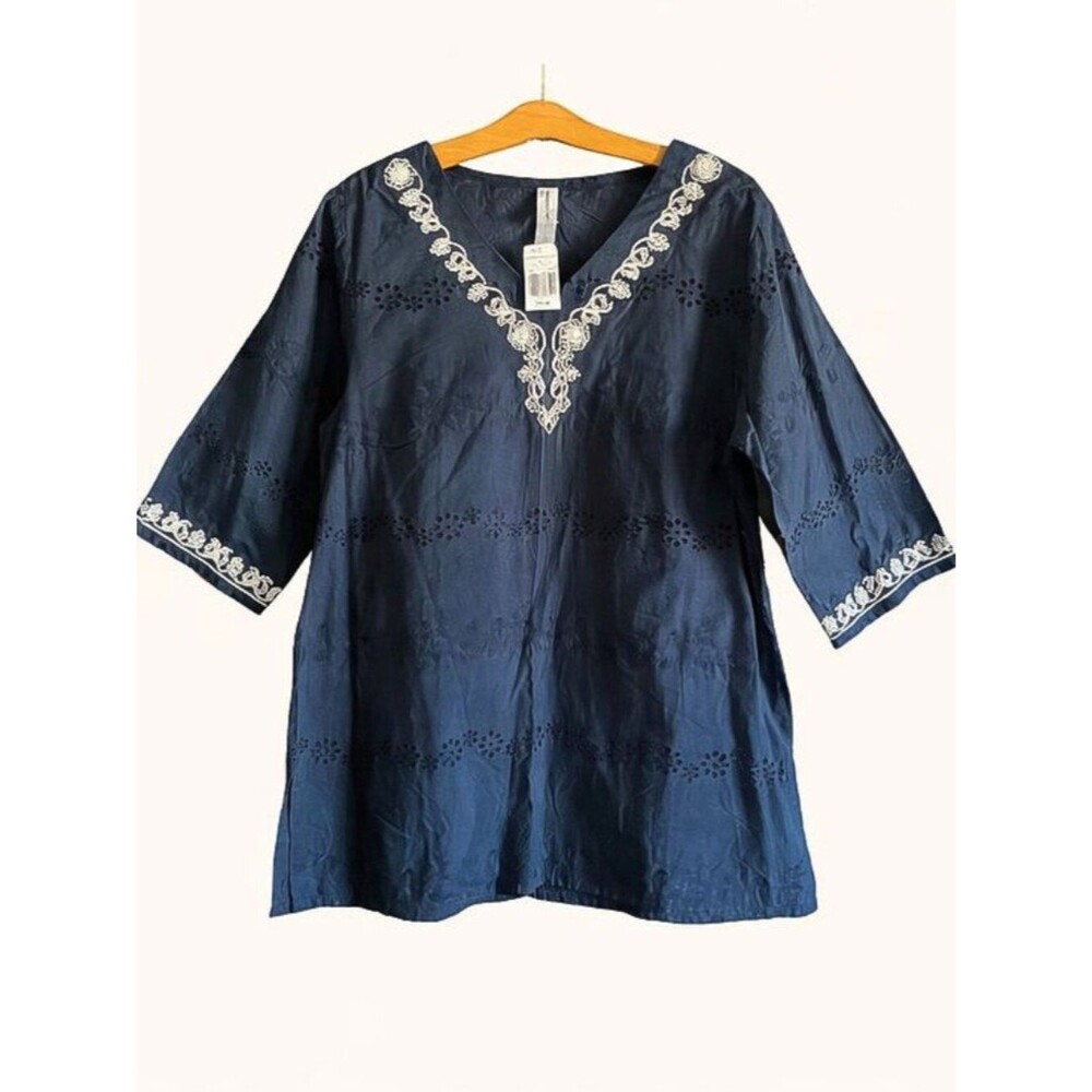 NWT Navy Blue Eyelit V-Neck Tunic w White Embroidered Trim XL